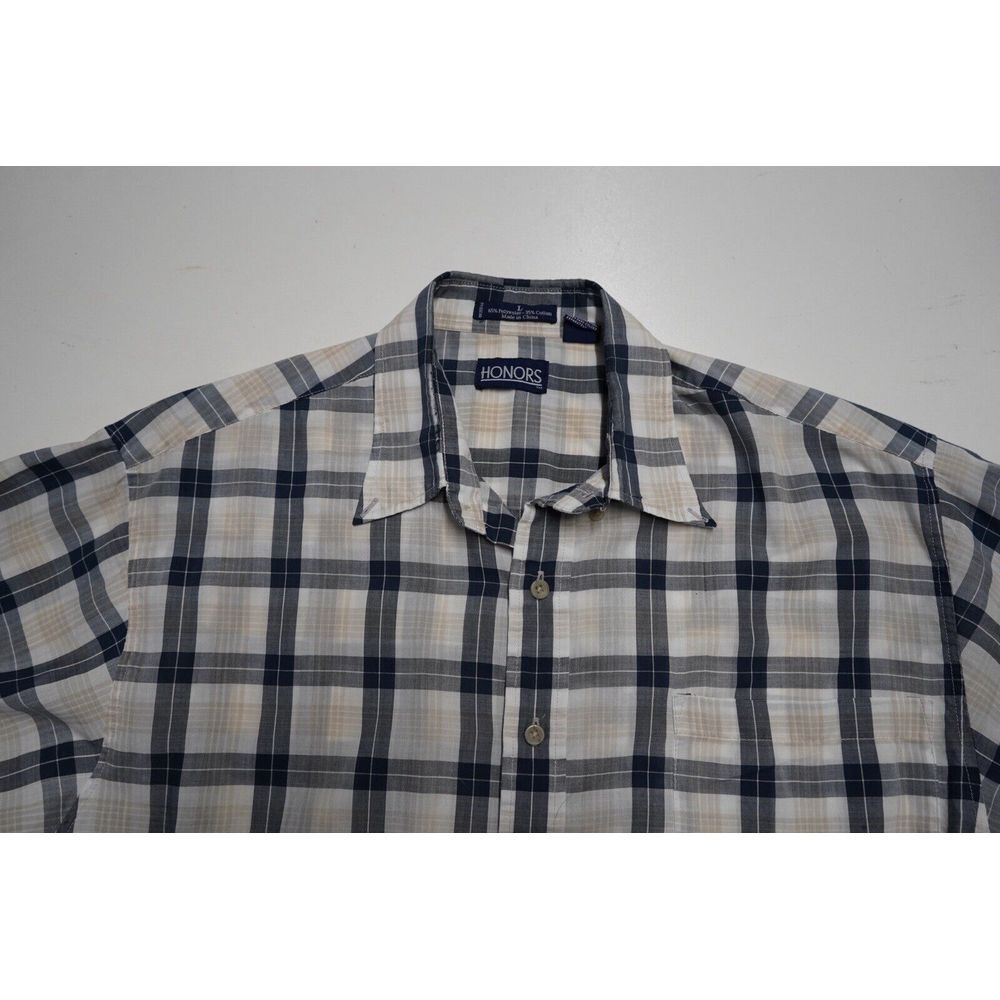 Honors Shirt Mens Large Beige Grey Blue Short Sleeve‎ Button Up Shirt Vintage
